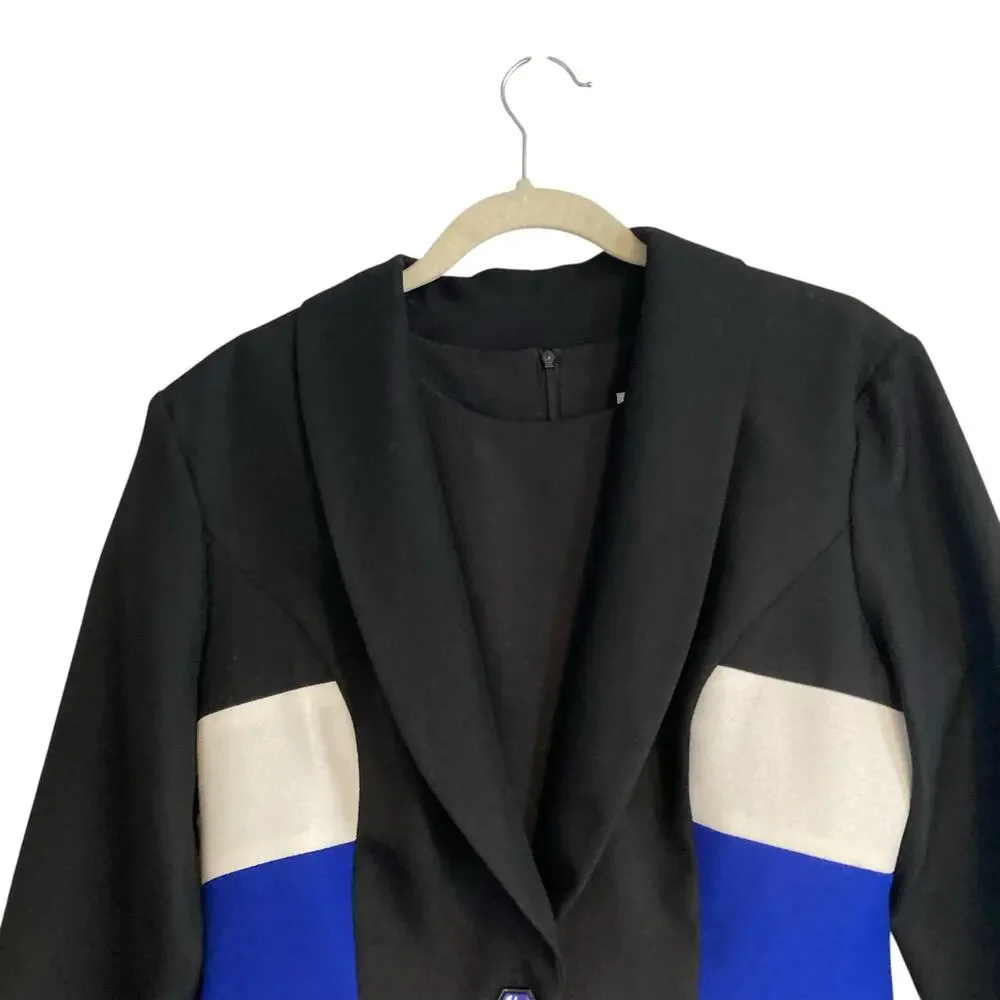 Vintage 80s Leslie Lucks Black Blue Stripe Button Blazer Sheath Dress Set Sz 10 - Picture 15 of 16